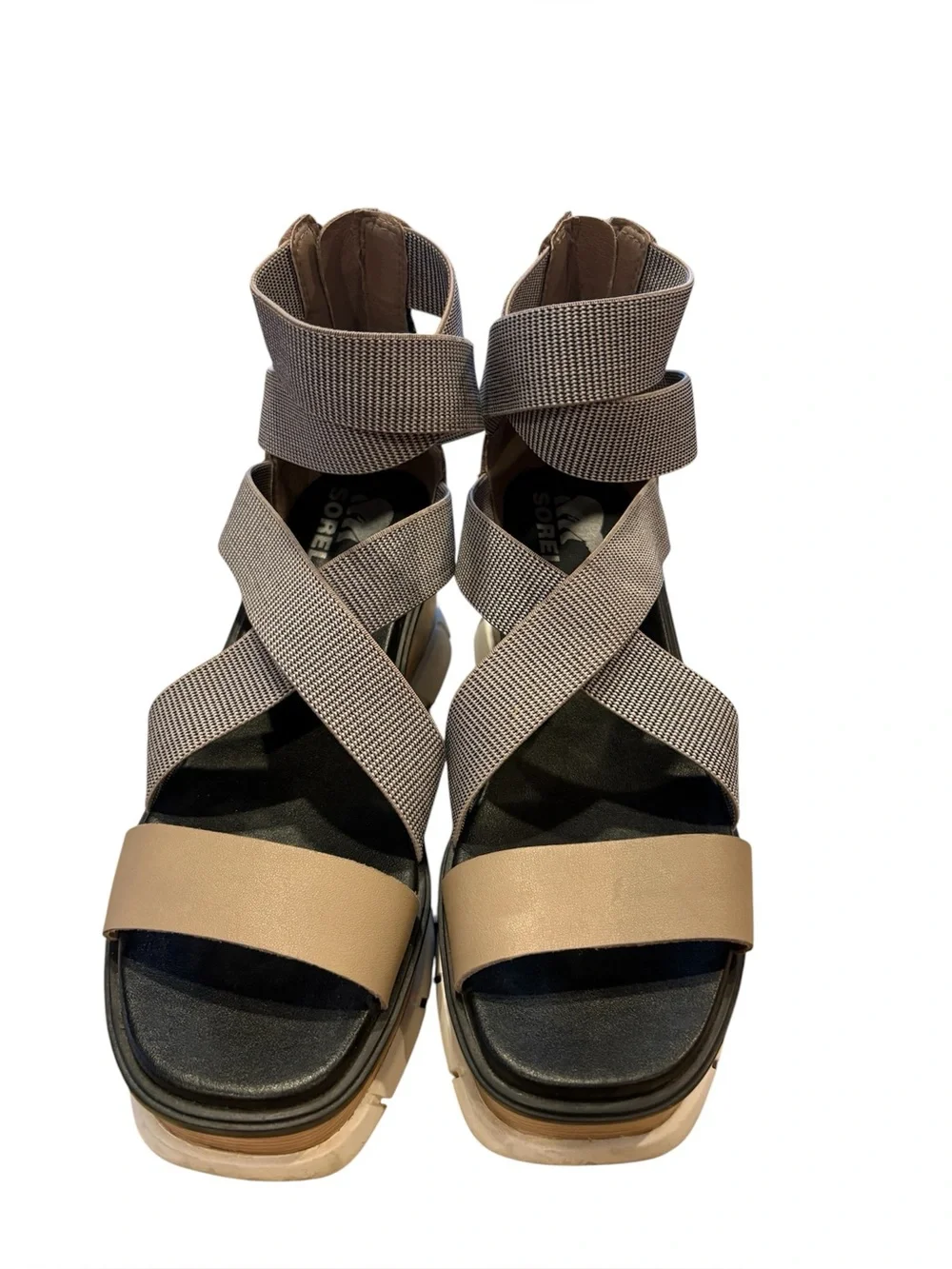 Sorel Beige and Taupe Crisscross Ankle Sandal